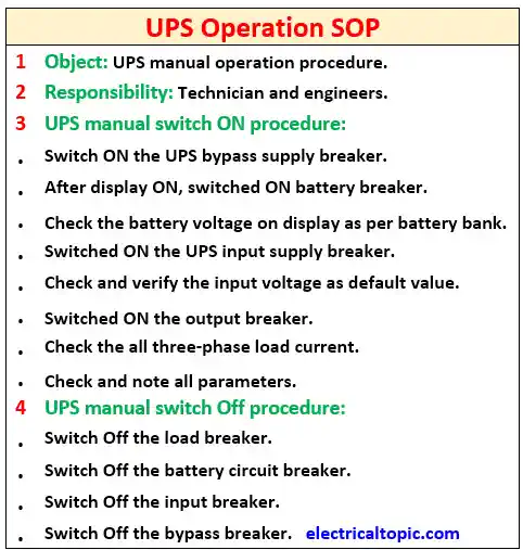 UPS operating SOP: manual procedure and precautions.