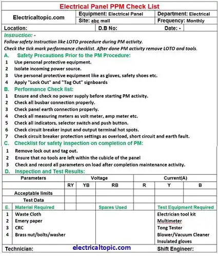 HT panel preventive maintenance: template of checklist.