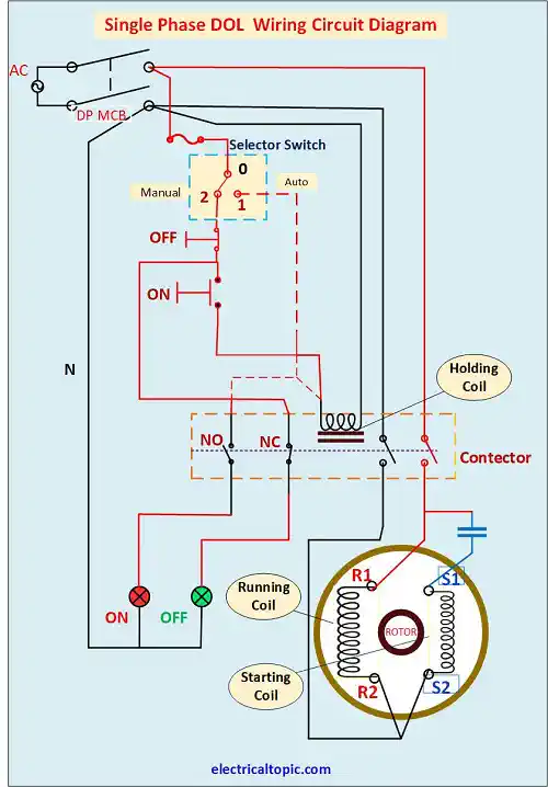 single phase motor dol starter wiring, control diagram & working ...