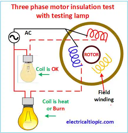 Three phase motor test with testing lamp: testing diagram and procedure.